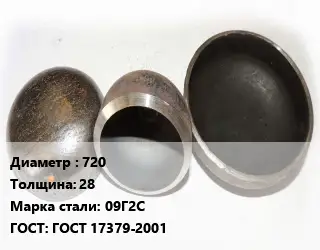 Заглушка стальная 720 s=28 Сталь: 09Г2С ГОСТ: ГОСТ 17379-2001